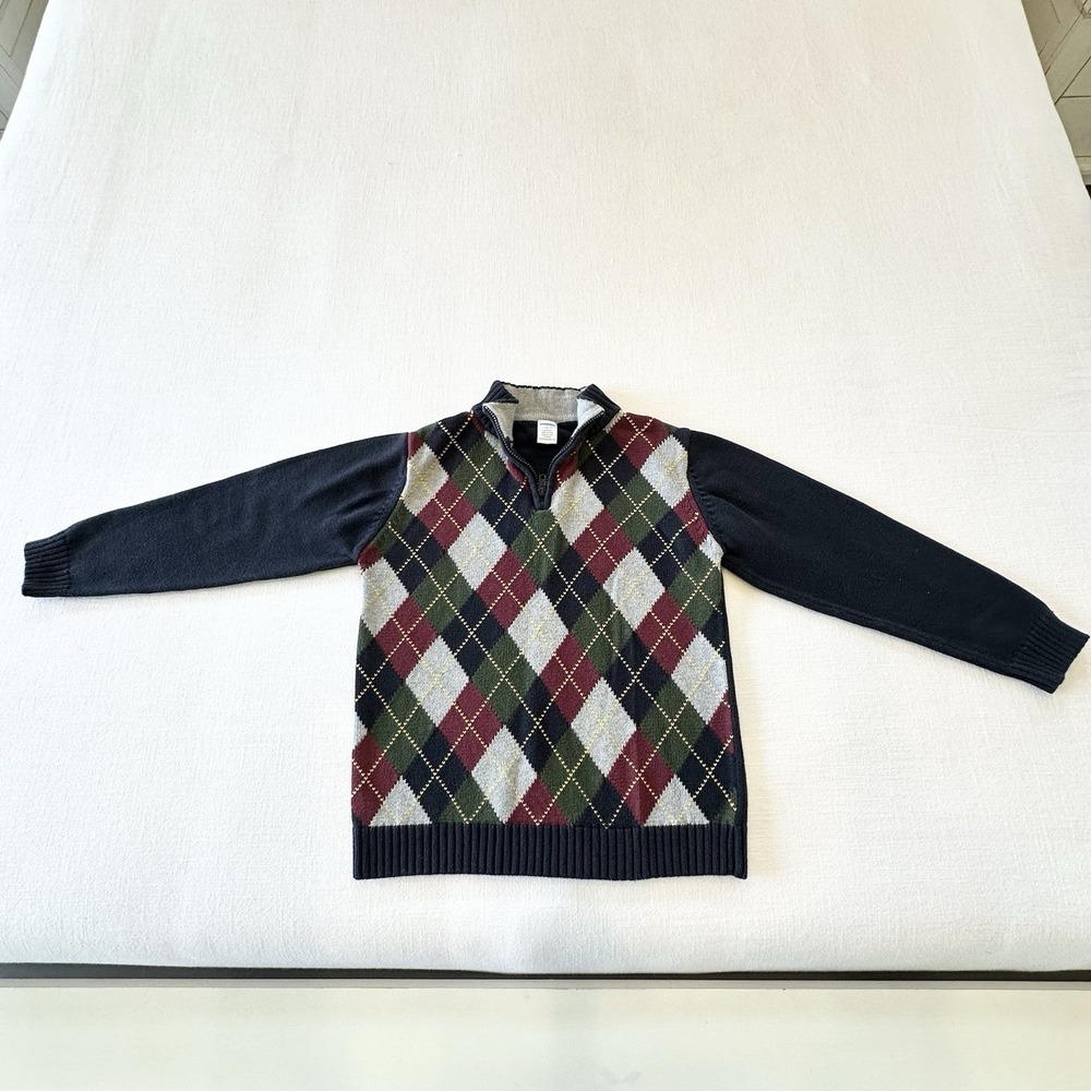 Gymboree Boy L 10-12 Argyle Sweater Blue Red Green Holiday Christmas 1/4 Zipper